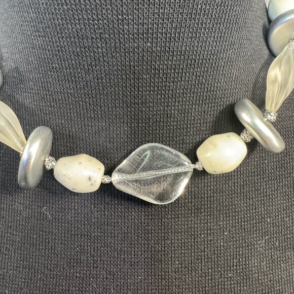 Handcrafted Beaded Necklace With Silver and Clear and White  Accents - Picture 2 of 3